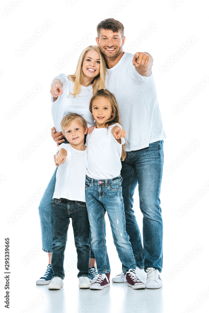 happy family pointing with fingers and smiling on white