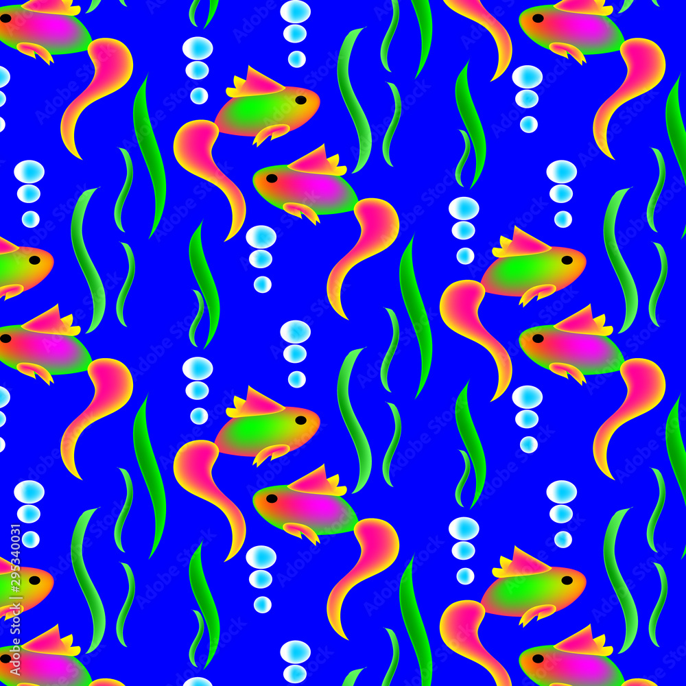 Multi-colored fish, seaweed on a blue background. .Pattern. Isolated. Vector illustration Multi-colored fish, seaweed on a blue background. .Pattern. Isolated. Vector illustration