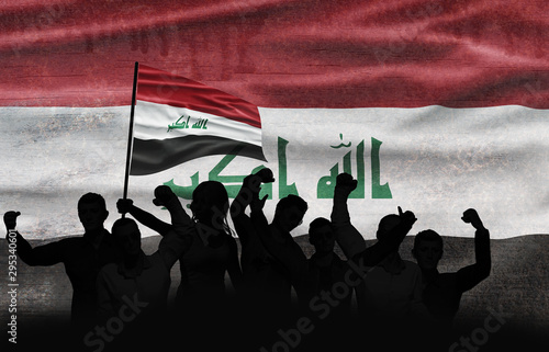 Political relationships. Iraqi Flag background with protesting people. Conflict and revolution.