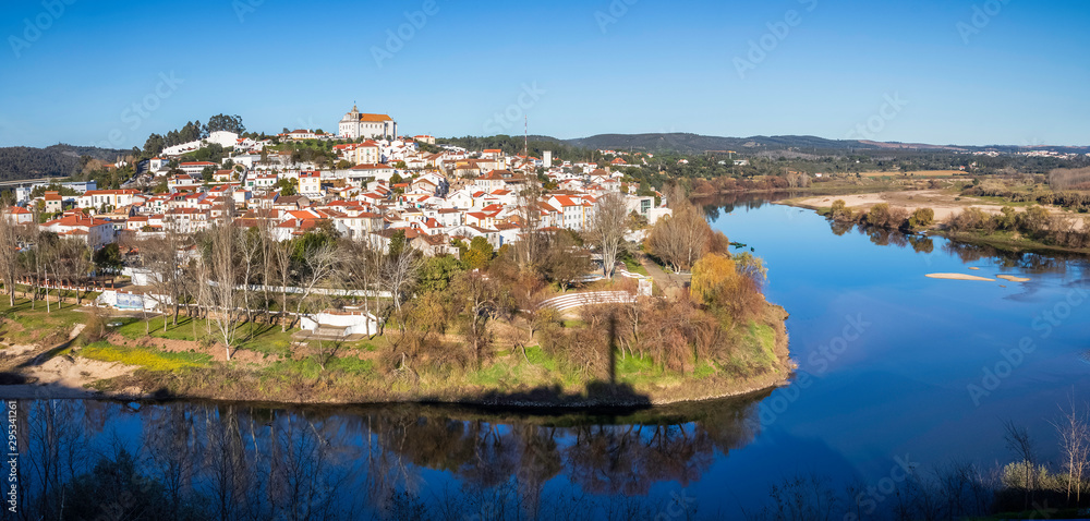 Panoramic view of the village of Constância in Portugal, in the late afternoon, with the rivers Zêzere and Tagus.