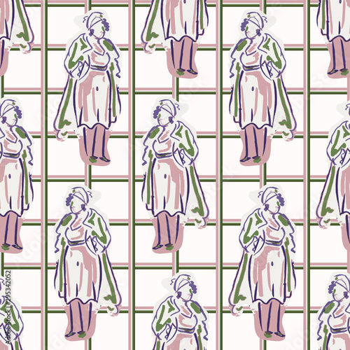 1950s ladies fashion outfit seamless vector pattern. Hand drawn loose lineart style of retro fifties vintage woman with plaid background tile. 