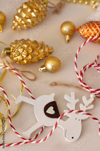 Christmas decorations and ribbons on a white background