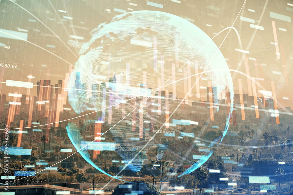 Forex chart on cityscape with skyscrapers wallpaper multi exposure. Financial research concept. Forex chart on cityscape with skyscrapers wallpaper multi exposure. Financial research concept.