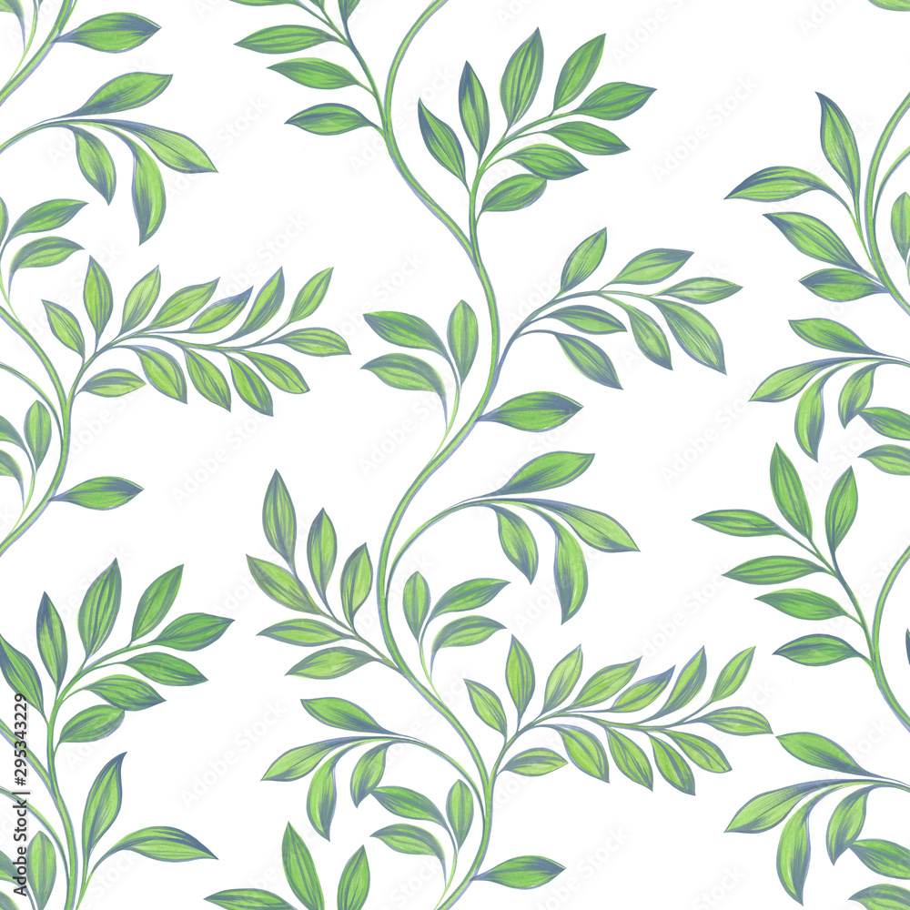 Fototapeta premium Floral background. Printing and textiles. Spring leafy green seamless pattern.