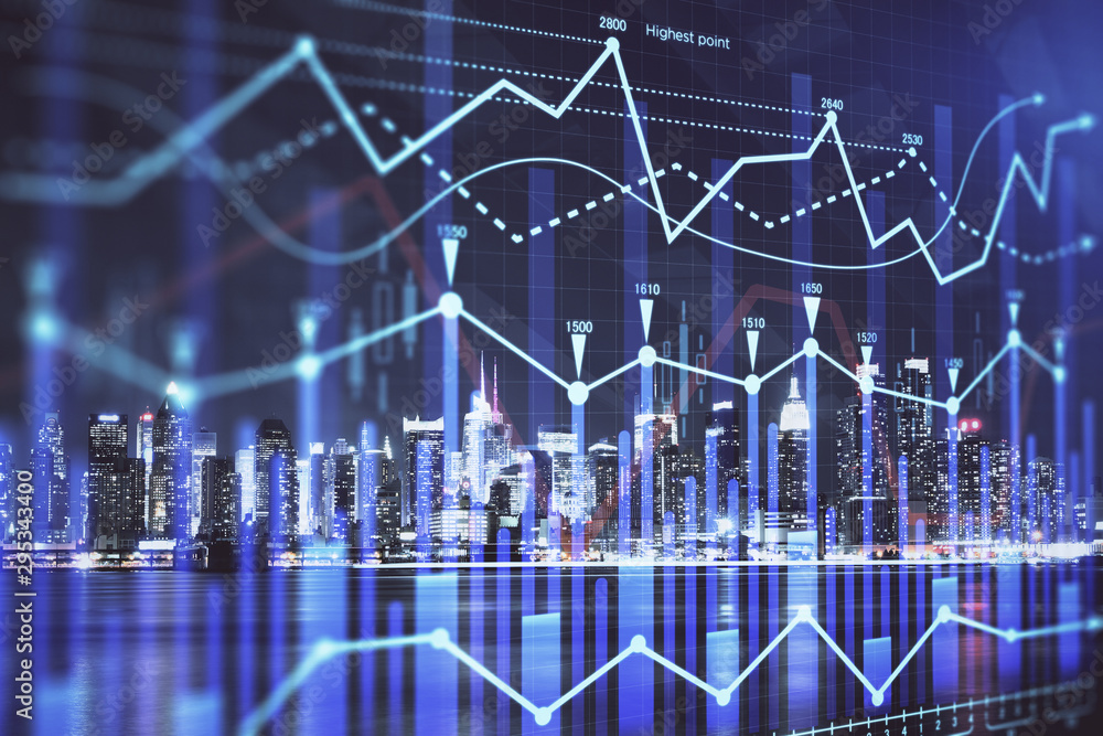 Financial graph on night city scape with tall buildings background multi exposure. Analysis concept. Financial graph on night city scape with tall buildings background multi exposure. Analysis concept.