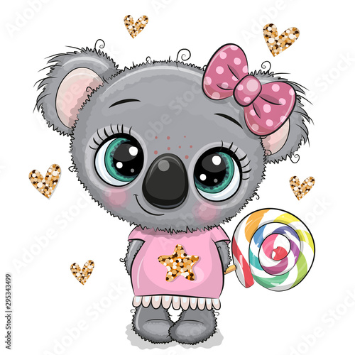 Cartoon baby Koala in a dress with Lollipop