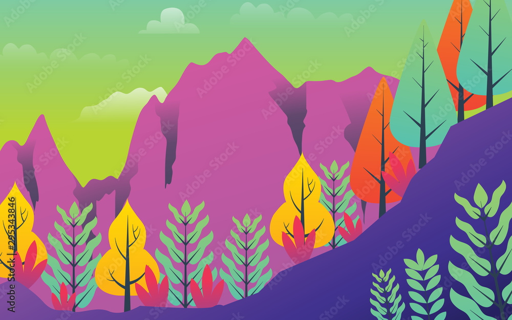 Fototapeta Vector illustration in trendy flat style and bright vibrant gradient colors - background with copy space for text - plants  leaves  trees and sky - background for banner  greeting card