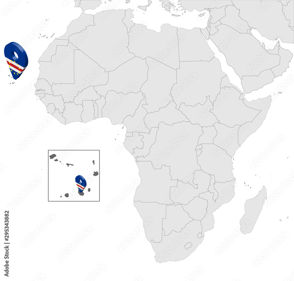 Location Map of Cape Verde on map Africa. 3d Republic of Cape Verde flag map marker location pin. High quality map of  Cape Verde.  Africa. Vector illustration EPS10.