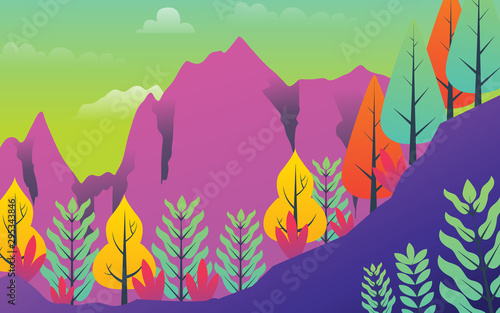 Vector illustration in trendy flat style and bright vibrant gradient colors - background with copy space for text - plants  leaves  trees and sky - background for banner  greeting card