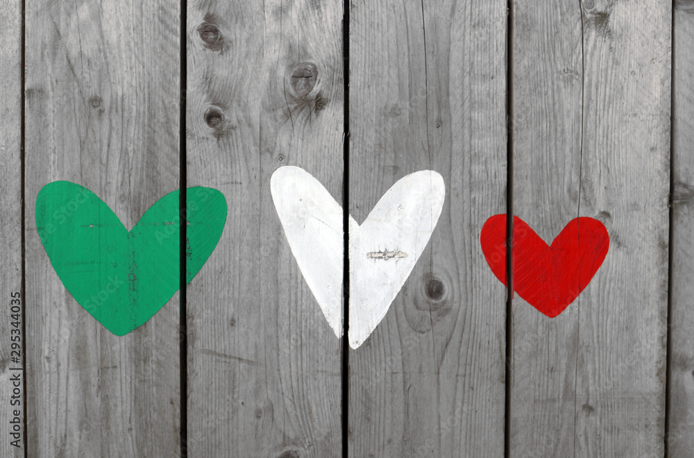 Three hearts of representing the colors of the Italian flag, green, white and red Three hearts of representing the colors of the Italian flag, green, white and red