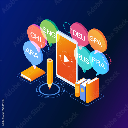 Concept of translating and interpreting for web banners.Concept on-line learning and teaching on theme of foreign languages. 3d isometric vector illustration.