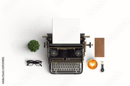  vintage typewriter paper and cup of coffee latte art on the color background