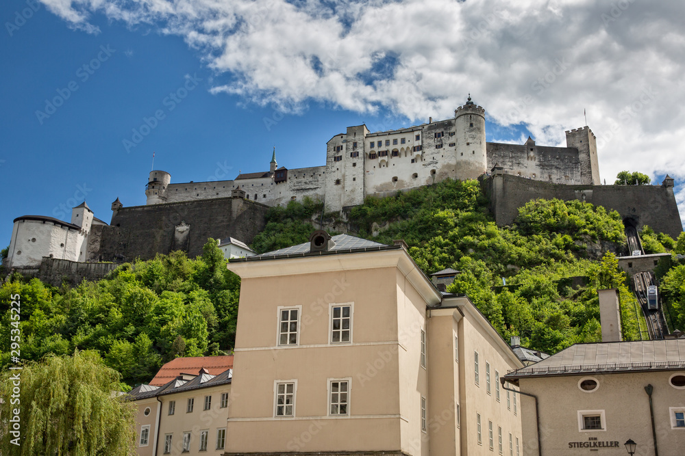 Great view on Festung Hohensalzburg. Above  the famous restaurant Stieglkeller   is the Festung Hohensalzburg in the old town of Salzburg, Austria