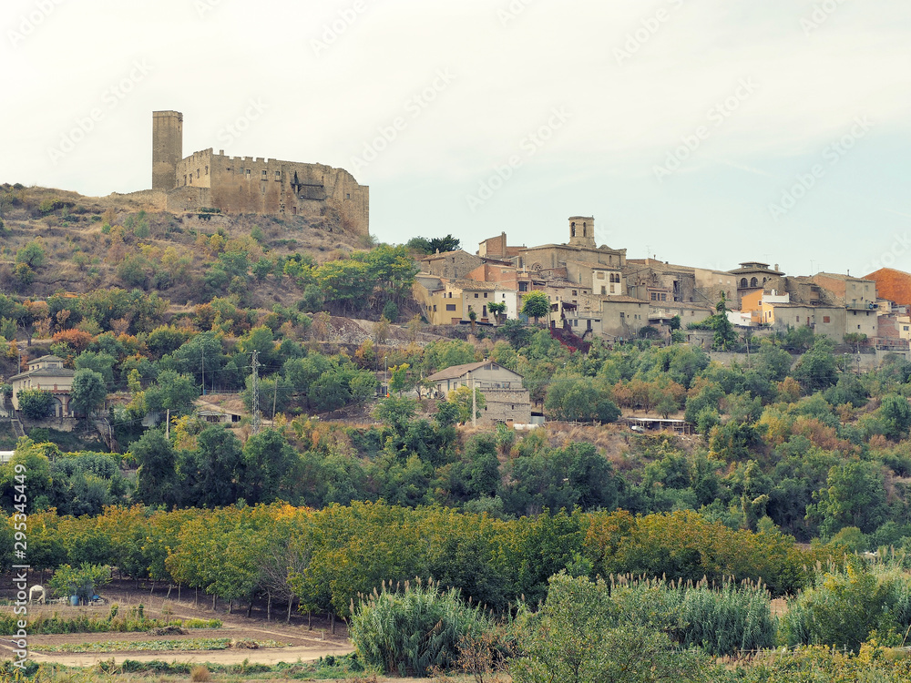 Medieval traditional Catalan village with brown stone walls, on a hill. Rural panorama of Spain with olive gardens, provincial buildings and yellow-orange-green foliage on an autumn day
