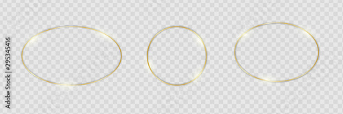 Gold shiny glowing frames set with shadows isolated on transparent background. Pack of luxury round, oval borders.