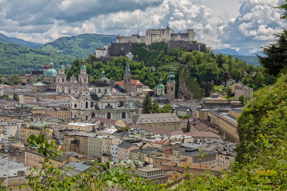 Beautiful view of the old town with the Dom zu Salzburg, the Franziskanerkirche, the Festung Hohensalzburg and the Stift St. Peter in Salzburg, Austria
