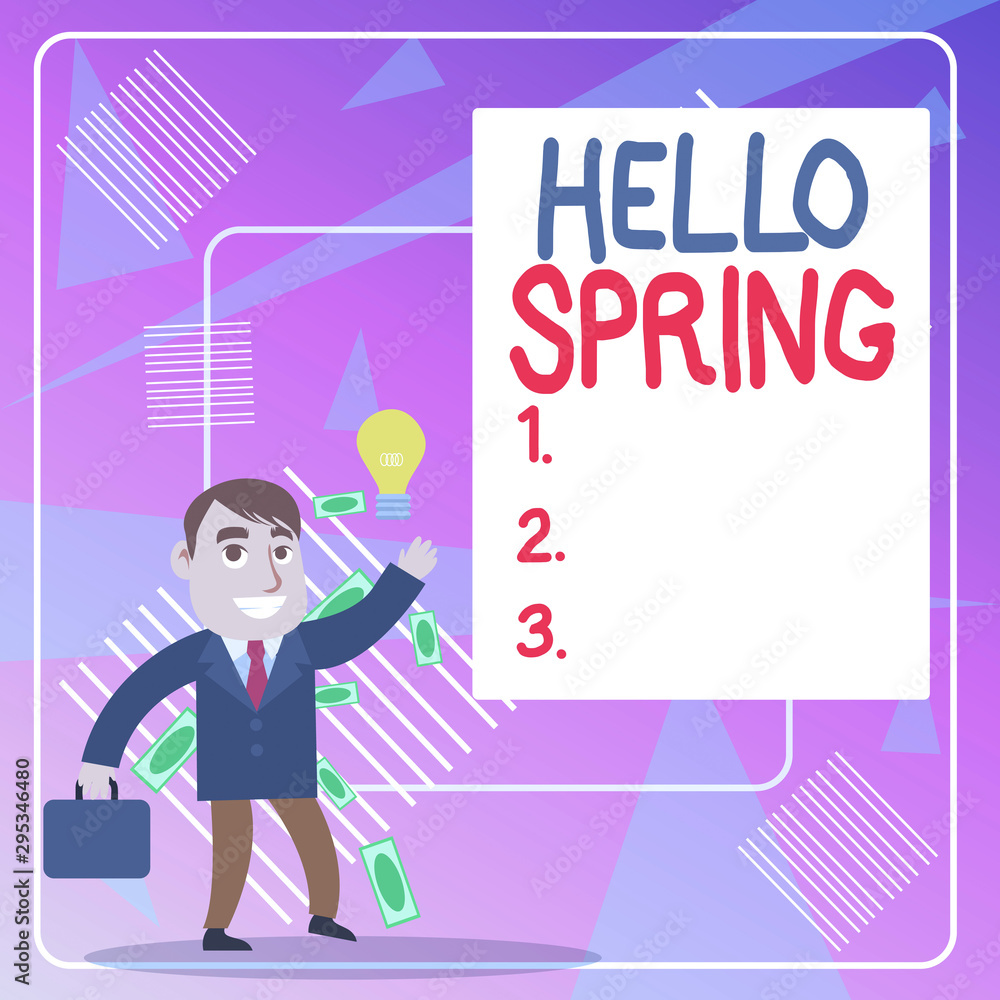 Word writing text Hello Spring. Business photo showcasing welcoming the season of the blossoming of flowers End of winter Successful Businessman or Clerk Generating Good Idea or Finding Solution Word writing text Hello Spring. Business photo showcasing welcoming the season of the blossoming of flowers End of winter Successful Businessman or Clerk Generating Good Idea or Finding Solution