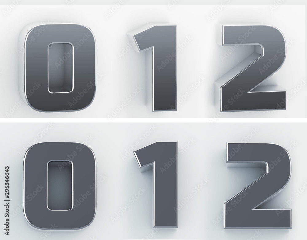 3d rendering of the numbers 0, 1, 2 in blushed metal of a white isolated background. 3D render. 3d rendering of the numbers 0, 1, 2 in blushed metal of a white isolated background. 3D render.
