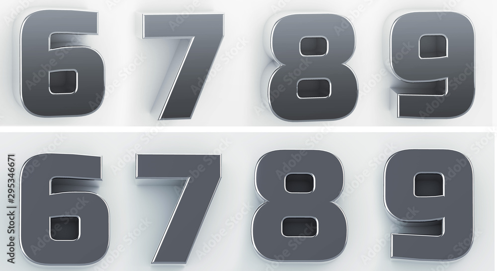 3d rendering of the numbers 6, 7, 8, 9 in blushed metal of a white isolated background. 3D render. 3d rendering of the numbers 6, 7, 8, 9 in blushed metal of a white isolated background. 3D render.