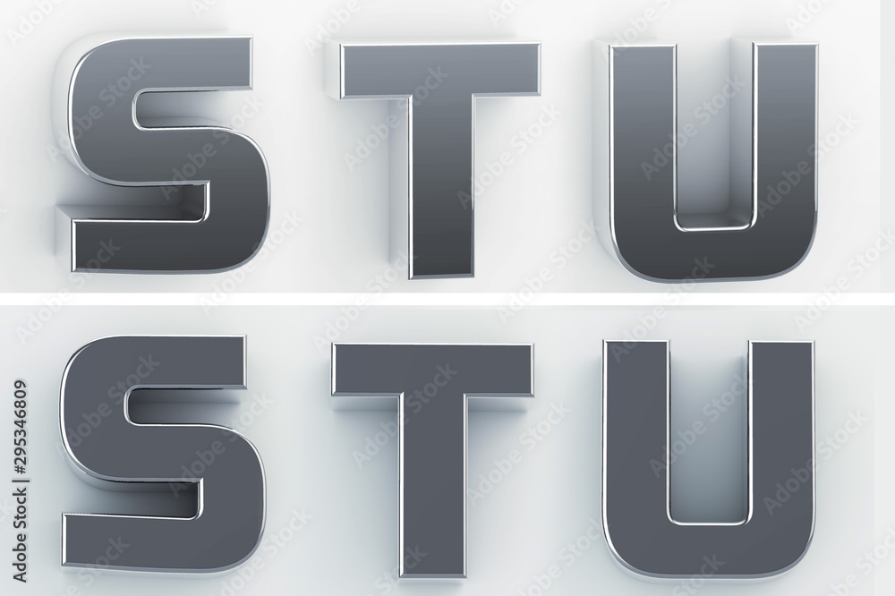 3d rendering of the letters S, T, U, in blushed metal of a white isolated background. 3D render. 3d rendering of the letters S, T, U, in blushed metal of a white isolated background. 3D render.