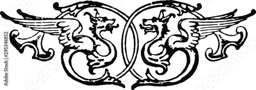 History of England 1883 - antique vintage woodcut artwork illustration facing symetric dragons, griffon or griffin.