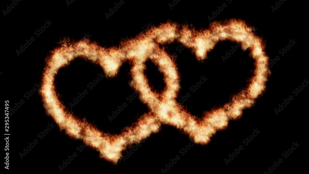 Two burning hearts isolated on black background, seamless loop. Two burning hearts isolated on black background, seamless loop.