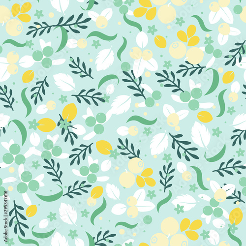 Vector flat flowers and berries seamless pattern design.