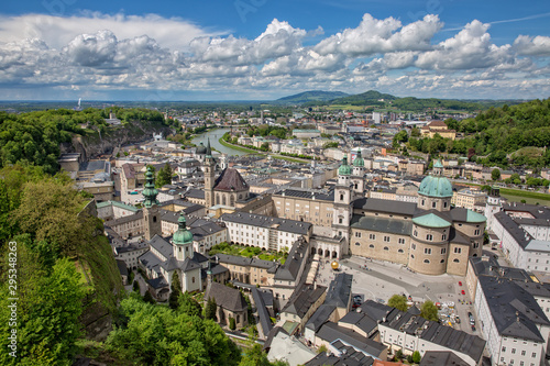Beautiful view of the old town of Salzburg from the Festung Hohensalzburg of the Salzach with the Dom zu Salzburg, the Franziskanerkirche, the Kapitelplatz and the Stift St. Peter, Austria