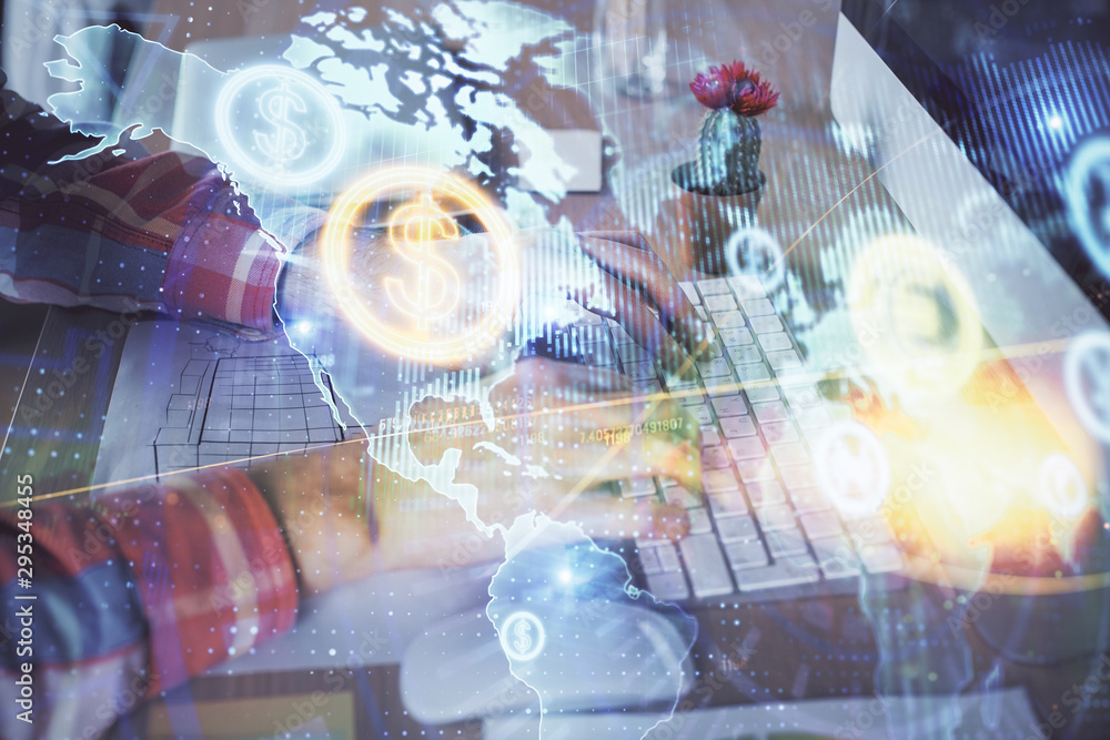 Double exposure of stock market chart with man working on computer on background. Concept of financial analysis. Double exposure of stock market chart with man working on computer on background. Concept of financial analysis.