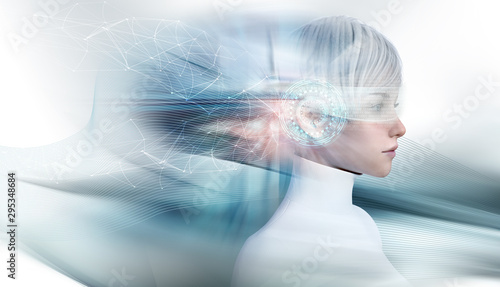 3D rendering white short hair woman model in futuristic concept. Glowing light glasses, headphone, mesh, wings, lines, wireframe, binary code and blue grey abstract background