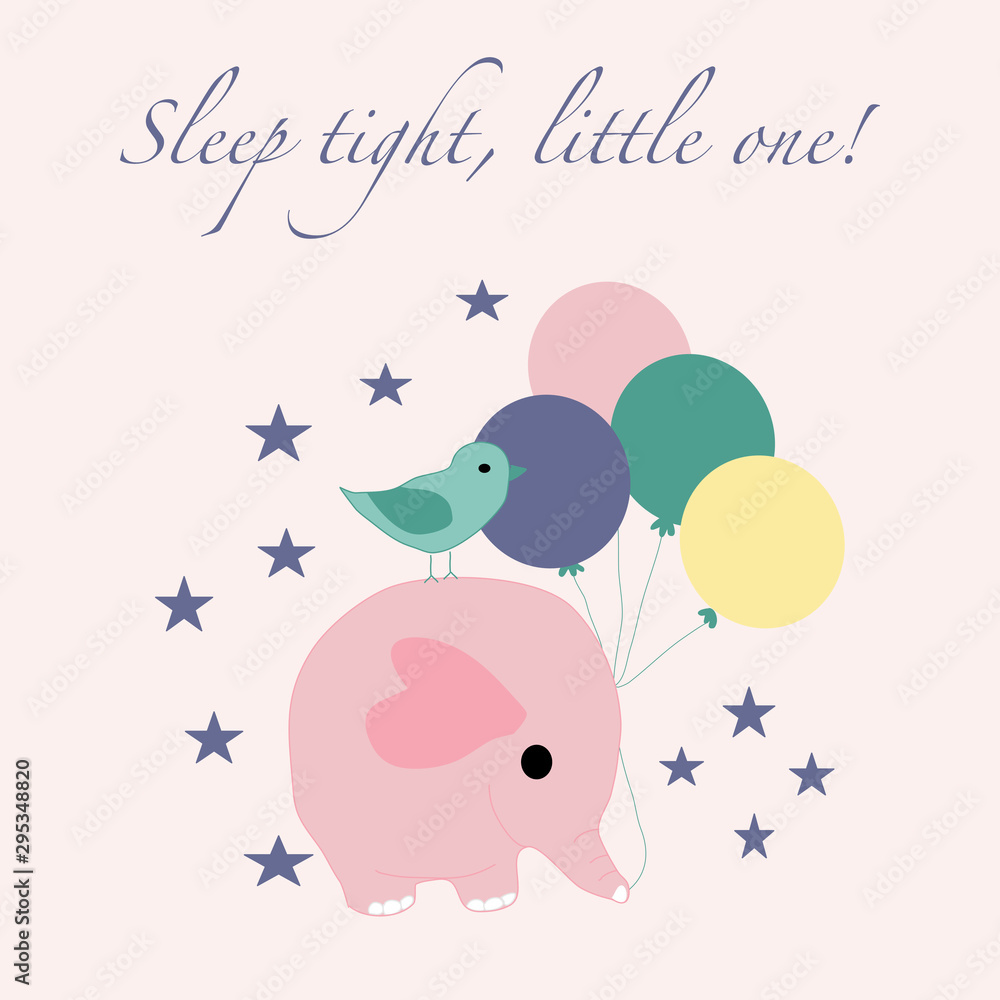Cute baby elephant and bird,  vector illustration