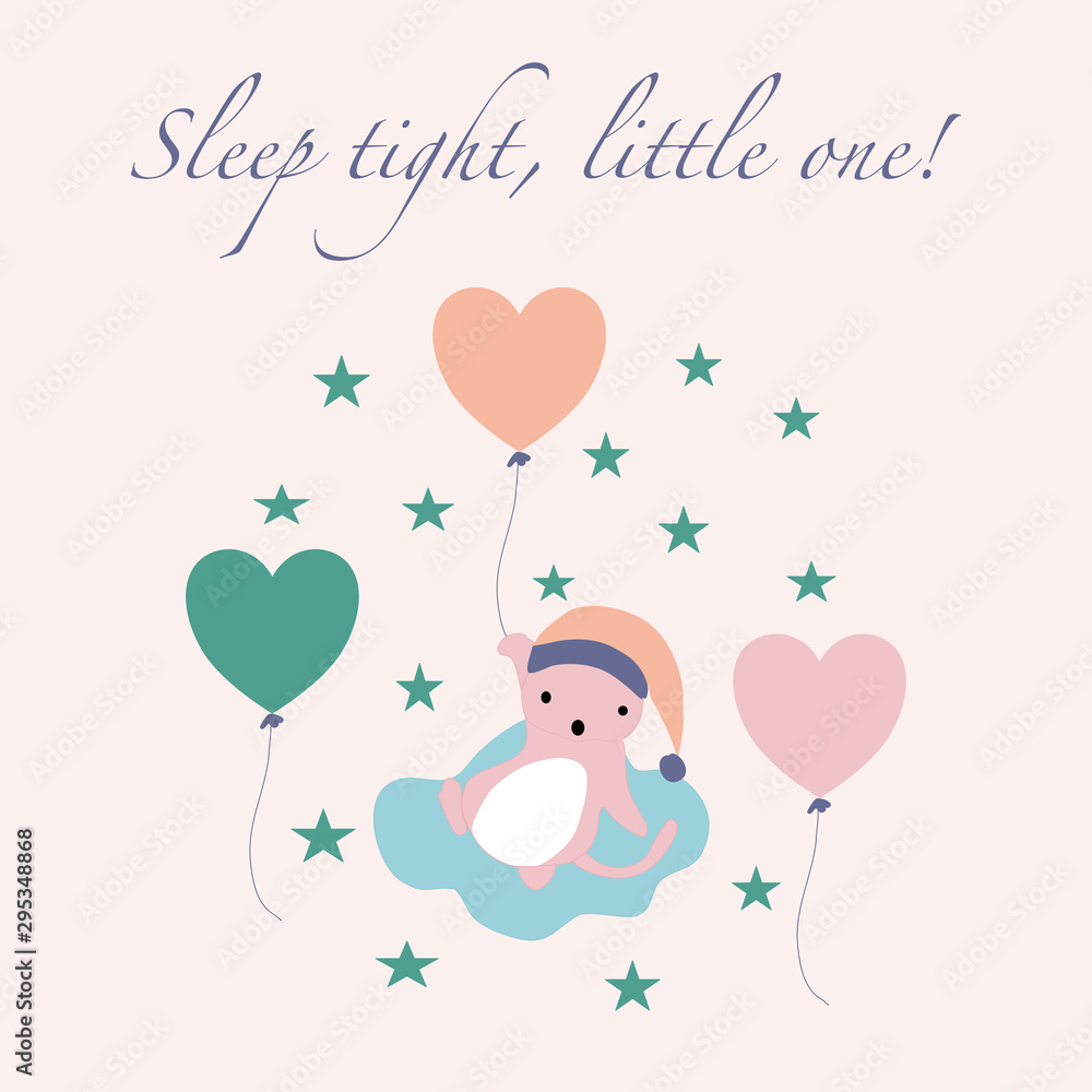Pink kawaii cat with balloons and stars, vector illustration Pink kawaii cat with balloons and stars, vector illustration