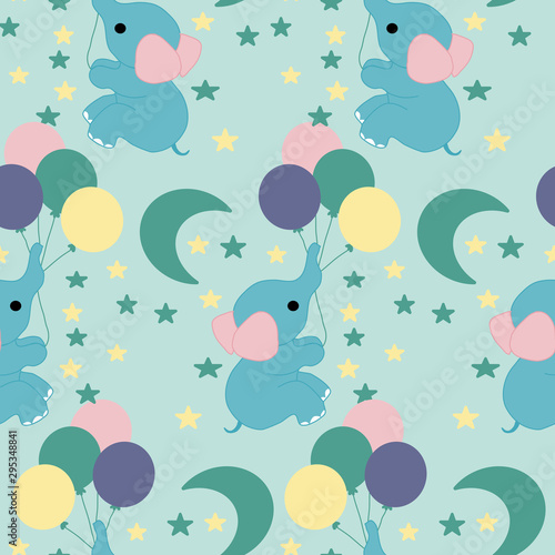 Pastel balloons, cute elephant, moon and stars in a seamless pattern design