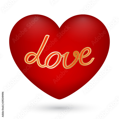 Vector illustration of red heart with text love in the center on white background for Valentine s Day.