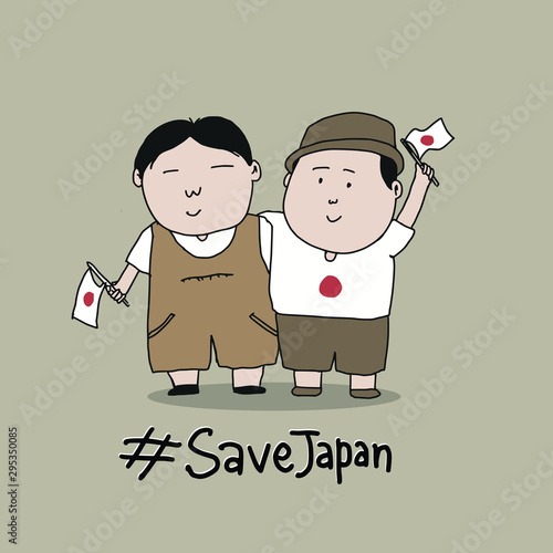 Two Children With Japan Flag. Hashtag Save Japan. Solidarity Cartoon for Japan. This Country will be hit by typhoon Hagibis on October 11, 2019. photo