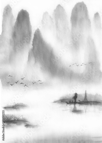 Landscape of a mountain of water by ink. Chinese ink painting. Painting on raw sheet