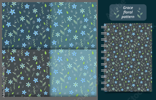 Floral seamless doodle patterns set. Leaves, flowers, branches and elements. Vector illustration of repeat background for scrabooking, fashion, textile, cover, backdrop, wrapping paper use.