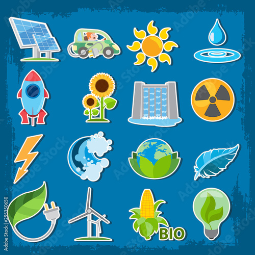 Alternative sources of power and eco Mining technology. Set logos in cartoon style