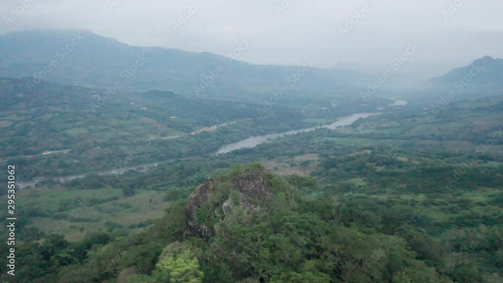 An aerial wide-angle view of a beautiful valley with a river flowing in its middle. Perfect place to go for refreshment. An aerial wide-angle view of a beautiful valley with a river flowing in its middle. Perfect place to go for refreshment.