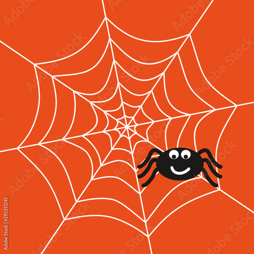 Vector illustration of spider and web. Halloween banner. Cartoon cute spider.