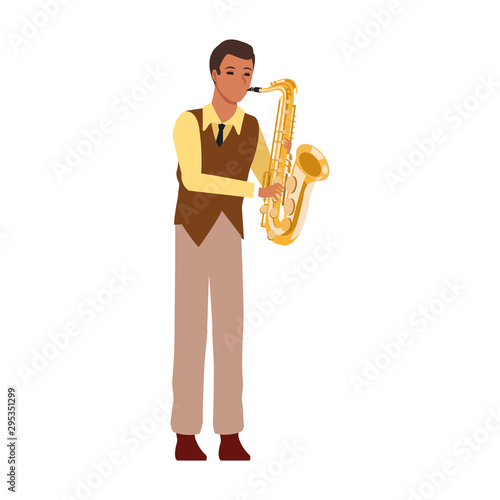 cartoon musician with trumpet instrument, flat design