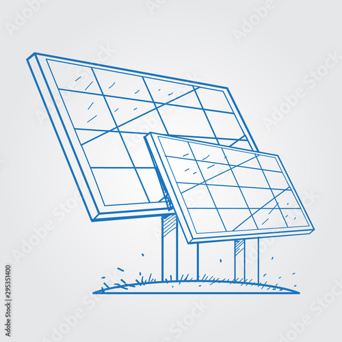 Solar panels. Types of alternative energy. Eco-friendly energy. Outline drawing