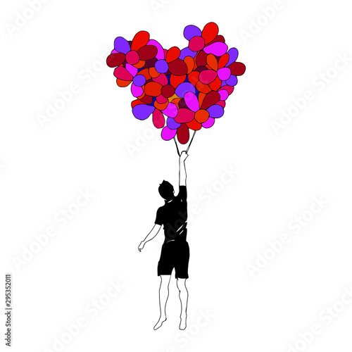 Man flying with heart from balloons. Kindness and love concept