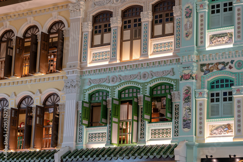 Photography Architectural details of colorful facade of the building in Singapore