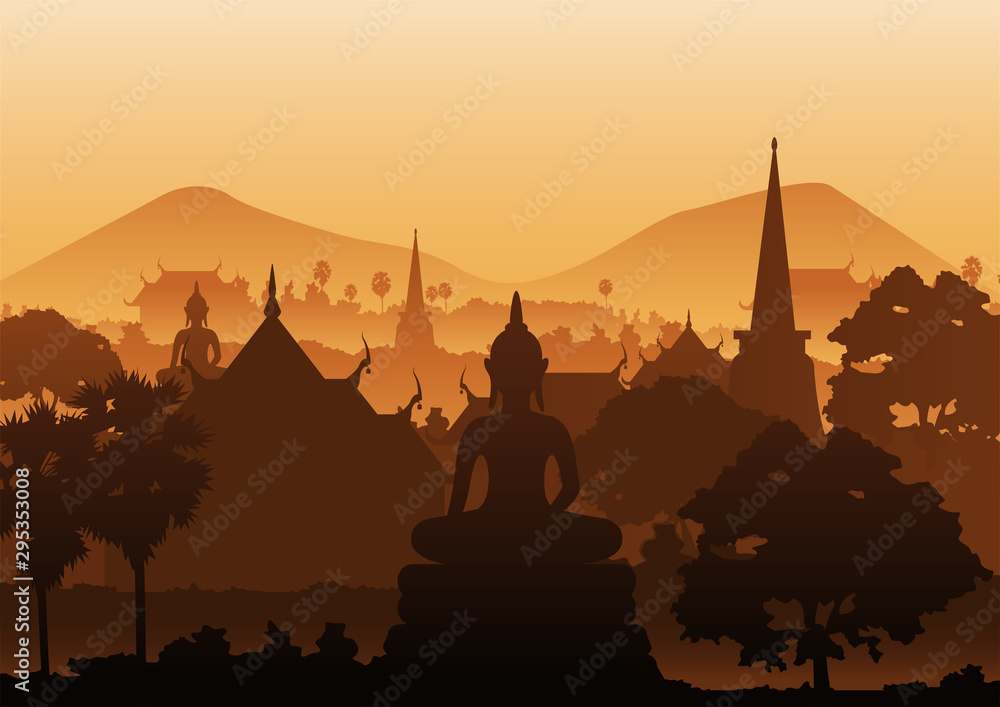 tree temple image of Buddha sculpture pagoda sea,Myanmar,Thailand,vector illustration