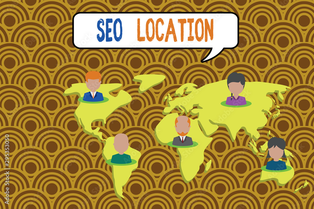 Conceptual hand writing showing Seo Location. Concept meaning process to optimize pages on your site to show for organic Connection multiethnic persons all Global business earth map