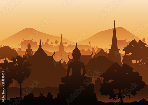 Print op canvas tree temple image of Buddha sculpture pagoda sea,Myanmar,Thailand,vector illustr