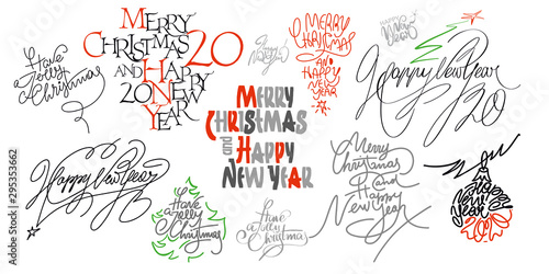 Happy New Year ang Merry Chistmas 2020. Handwritten lettering on a white background. Blue background, white letters.