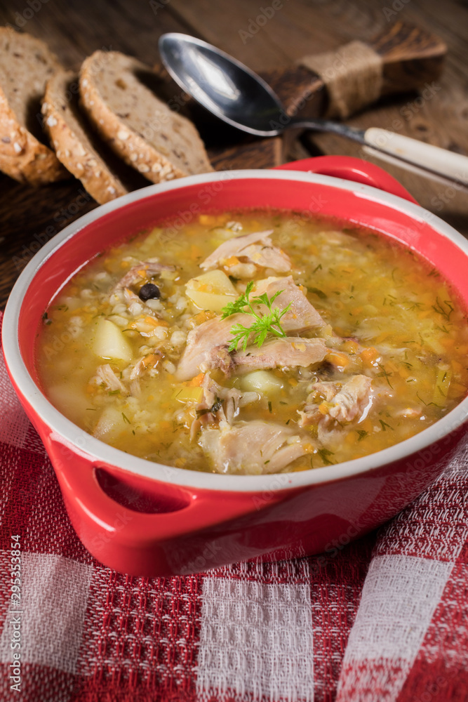 Barley soup with vegetables and chicken. Barley soup with vegetables and chicken.