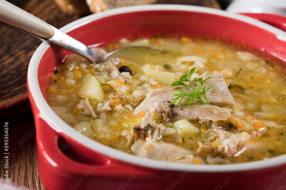 Barley soup with vegetables and chicken. Barley soup with vegetables and chicken.
